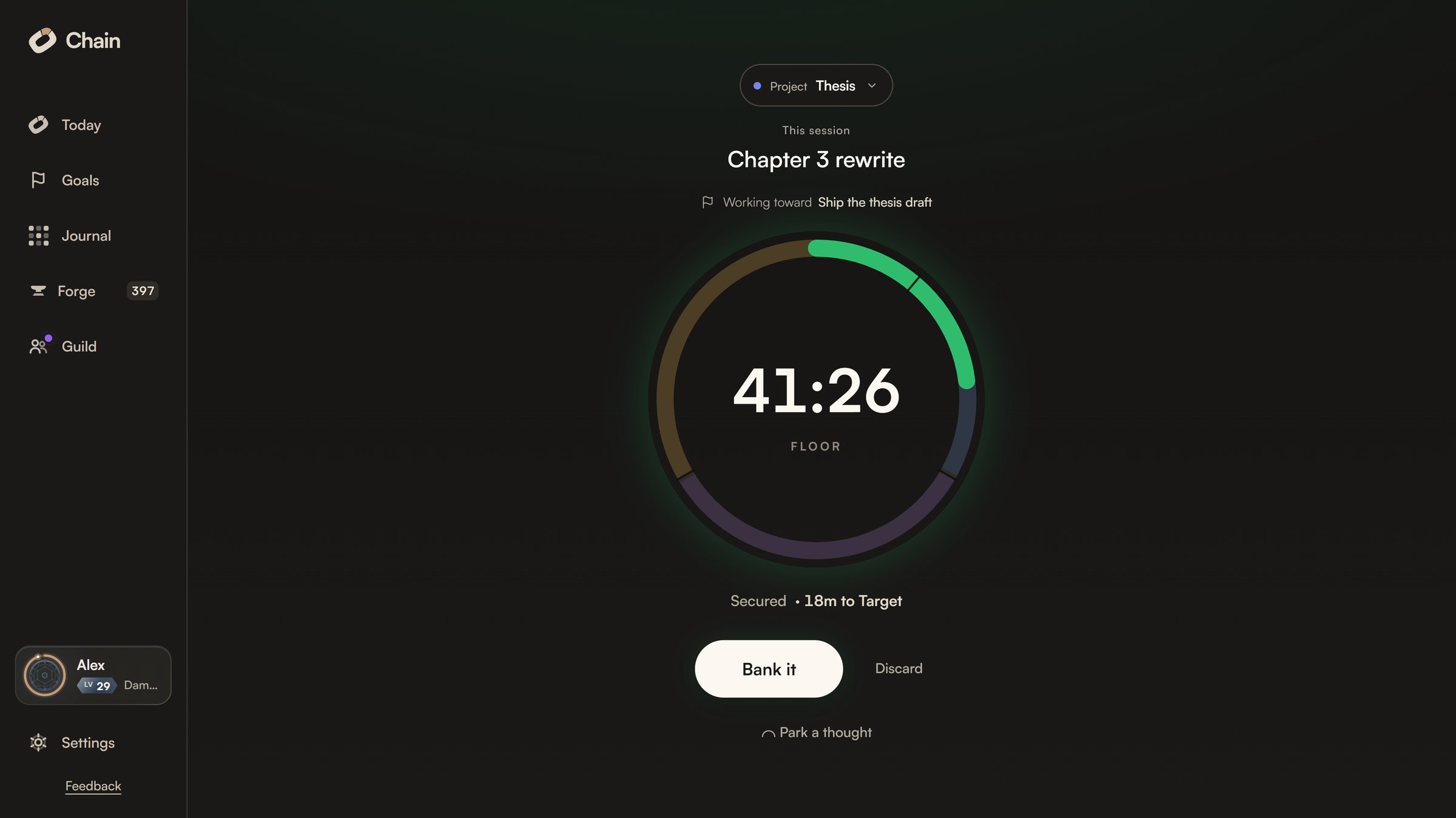 A focus session at 41:26 on the timer ring, with Bank it and Discard