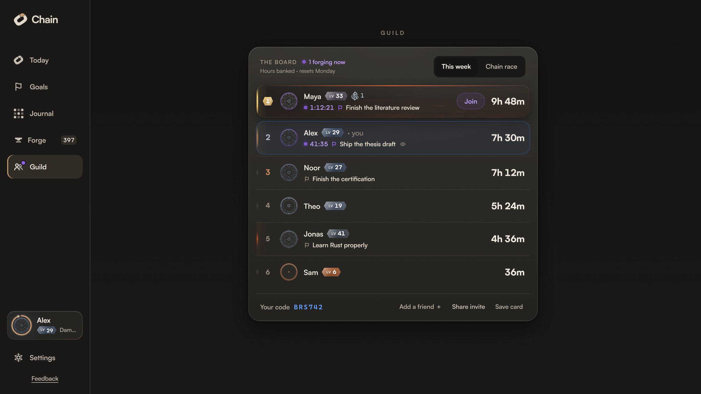 The Guild board with friends' weekly hours and live sessions