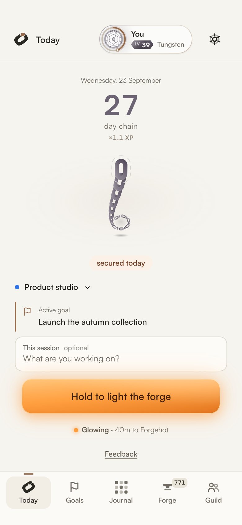 Chain for Android: today's chain, the active goal and Hold to light the forge
