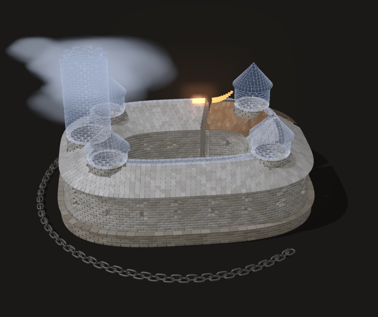 Chain's stone castle rising under its glass blueprint, surrounded by a metal chain